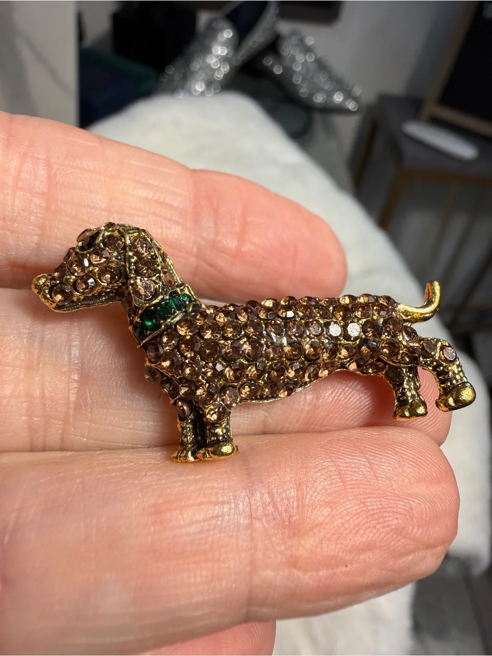 Gold-Tone Dachshund Brooch with Brown Crystal Accents dog lovers pet weinerdog